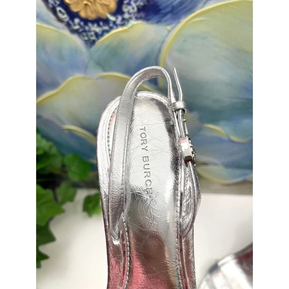 New Tory Burch Silver Metallic Leather Slingback Stiletto Sandals 8.5